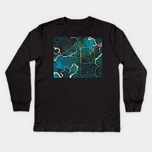 Alcohol ink in blue and turquoise w. gold lines and geometry Kids Long Sleeve T-Shirt